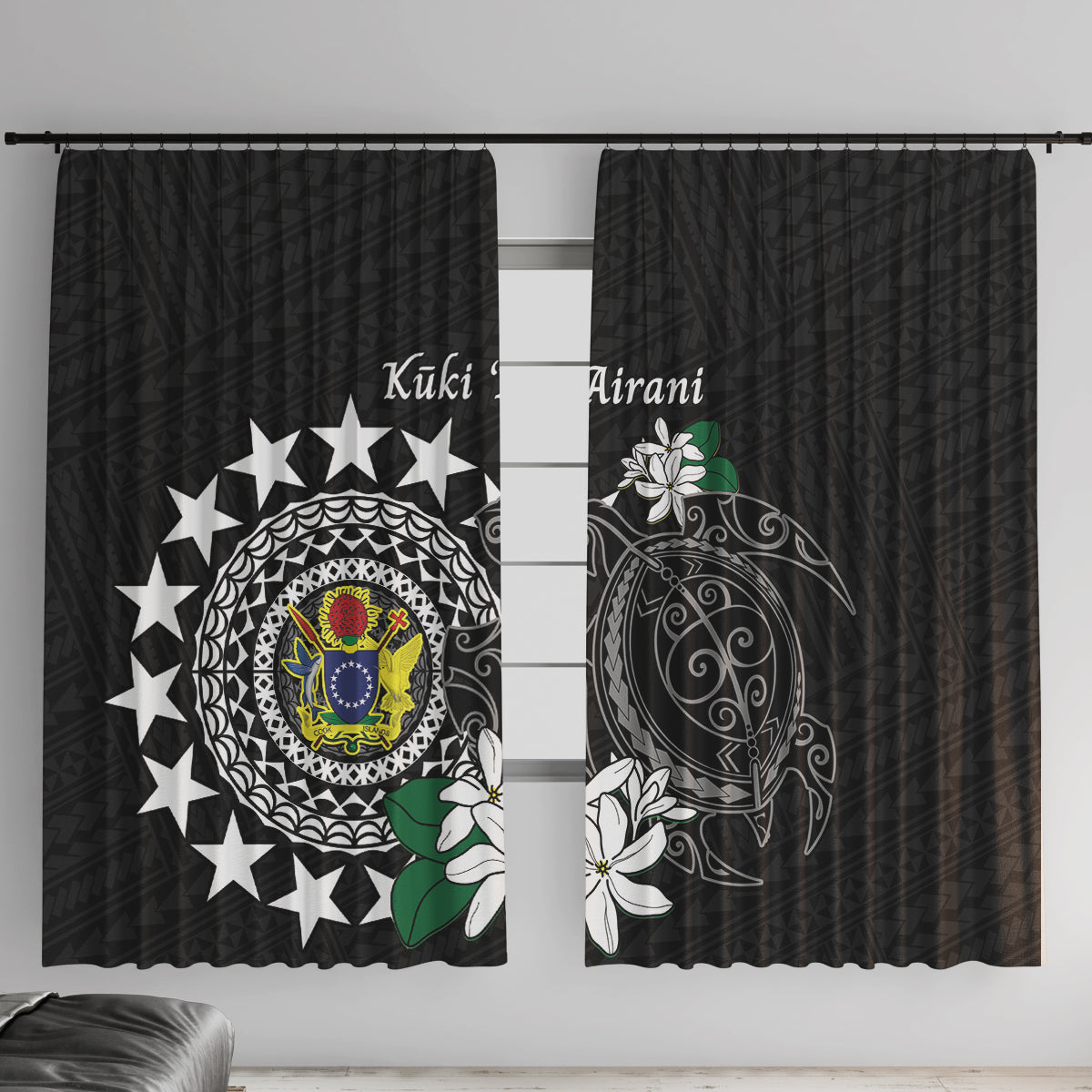 Cook Islands Independence Day Window Curtain Kuki Airani Tiare Maori Polynesian Pattern - Black