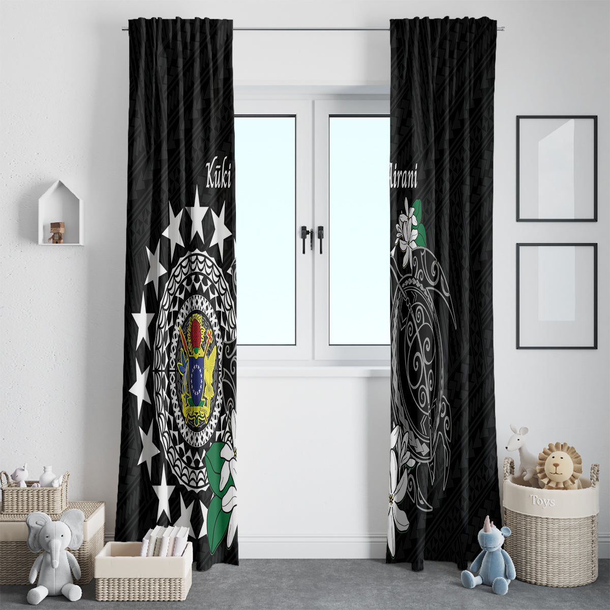 Cook Islands Independence Day Window Curtain Kuki Airani Tiare Maori Polynesian Pattern - Black LT14 - Polynesian Pride