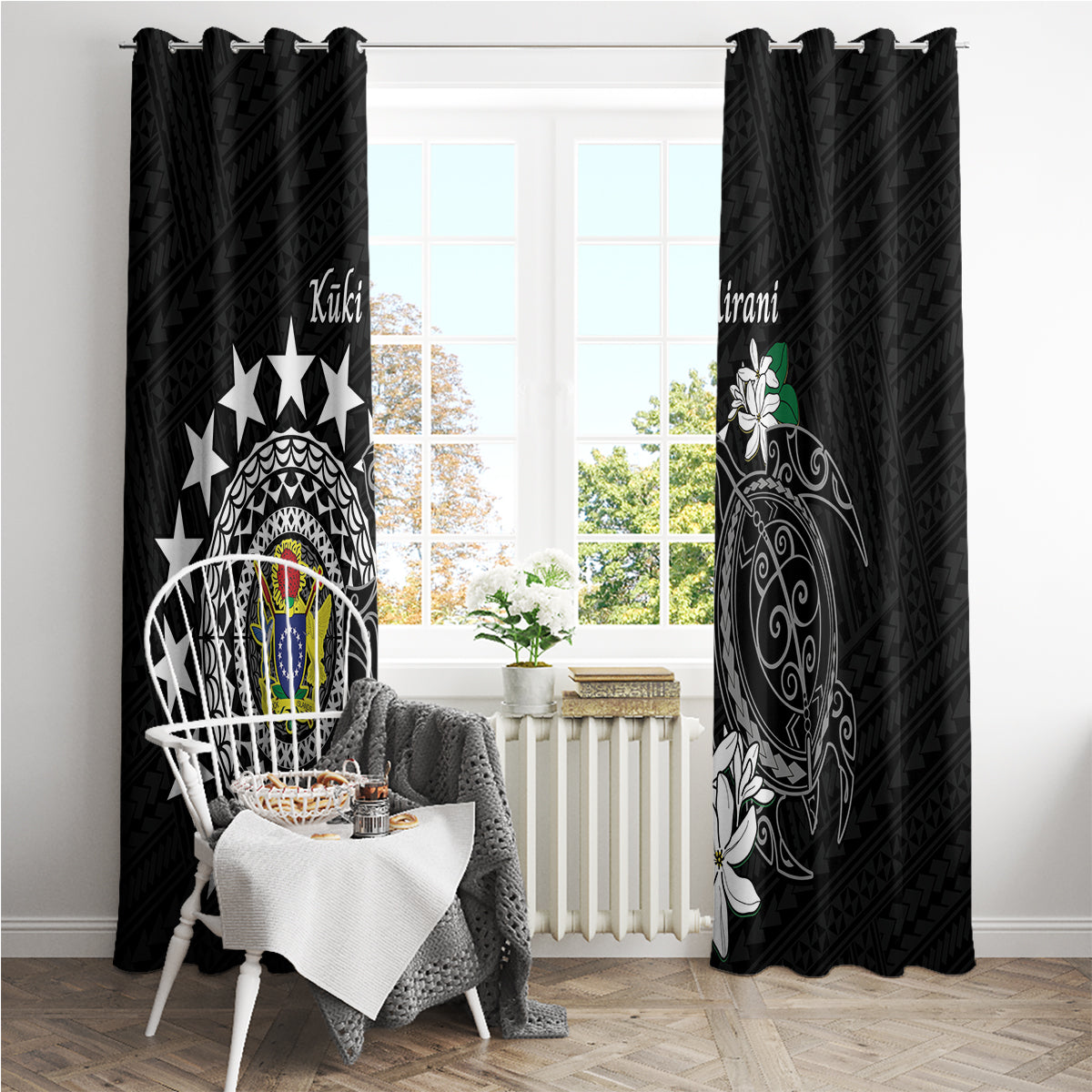 Cook Islands Independence Day Window Curtain Kuki Airani Tiare Maori Polynesian Pattern - Black LT14 - Polynesian Pride
