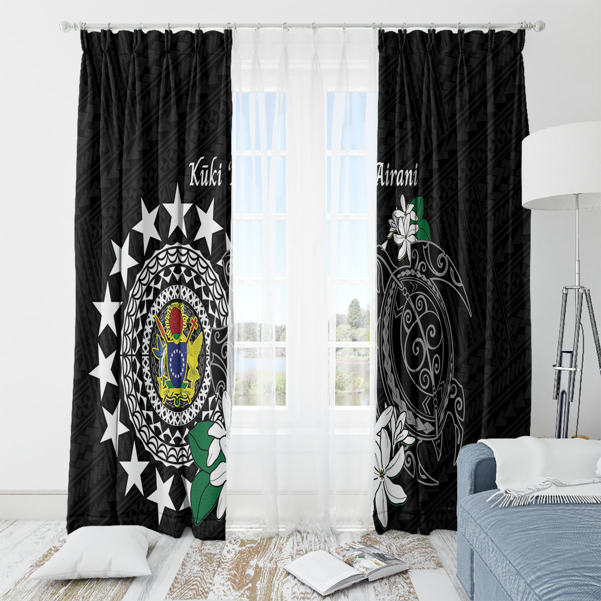 Cook Islands Independence Day Window Curtain Kuki Airani Tiare Maori Polynesian Pattern - Black LT14 - Polynesian Pride