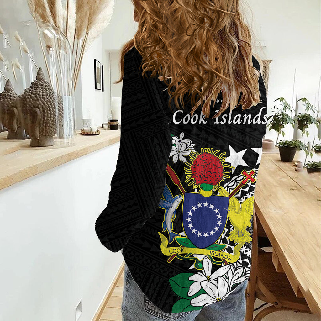 Cook Islands Independence Day Women Casual Shirt Kuki Airani Tiare Maori Polynesian Pattern - Black