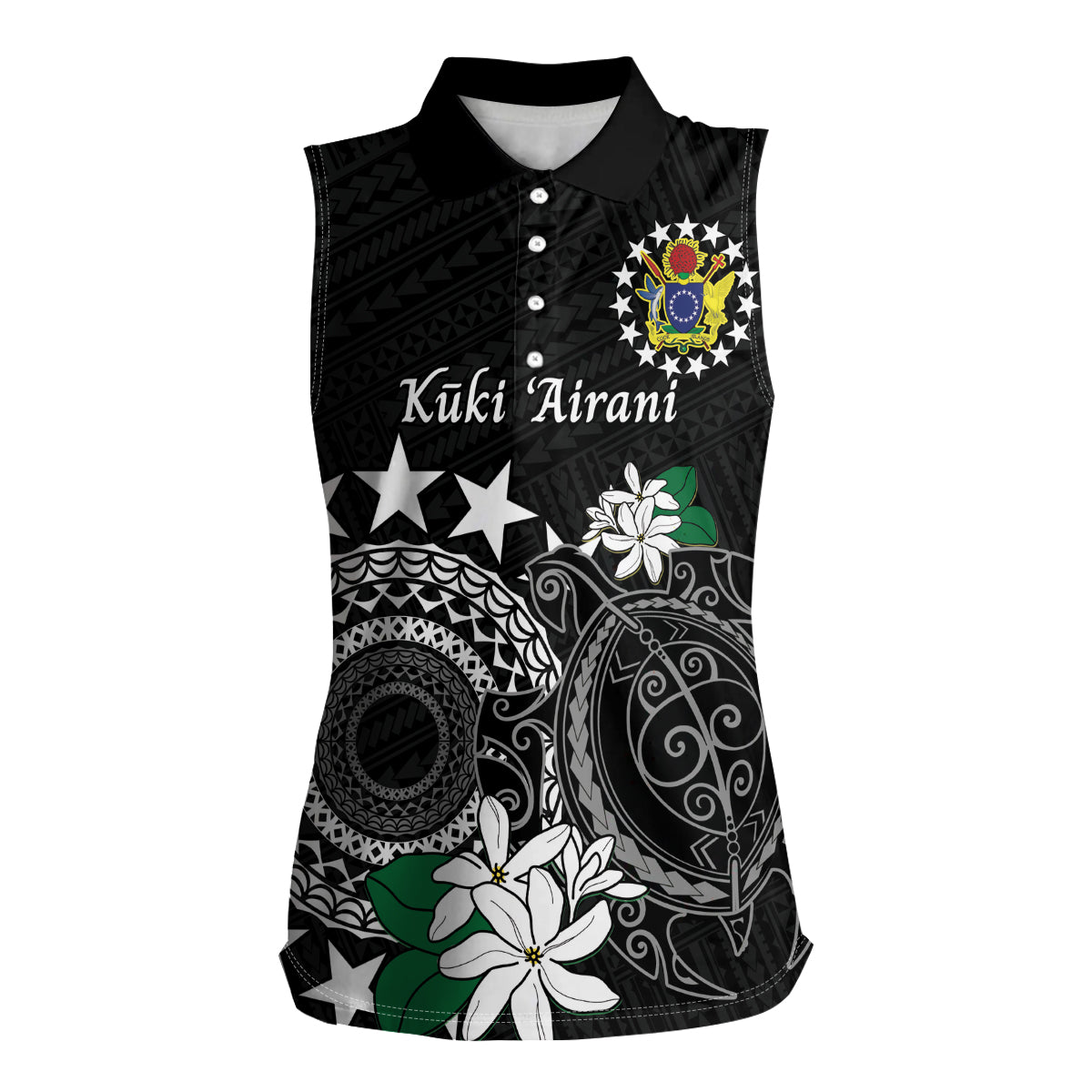 Cook Islands Independence Day Women Sleeveless Polo Shirt Kuki Airani Tiare Maori Polynesian Pattern - Black