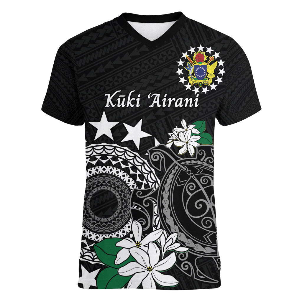 Cook Islands Independence Day Women V-Neck T-Shirt Kuki Airani Tiare Maori Polynesian Pattern - Black
