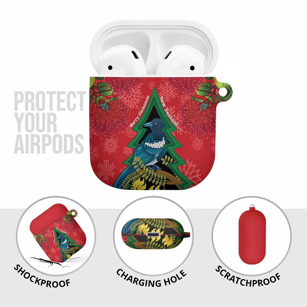 New Zealand Christmas In July AirPods Case Kowhai Tui Bird With Pohutukawa - Red - Polynesian Pride