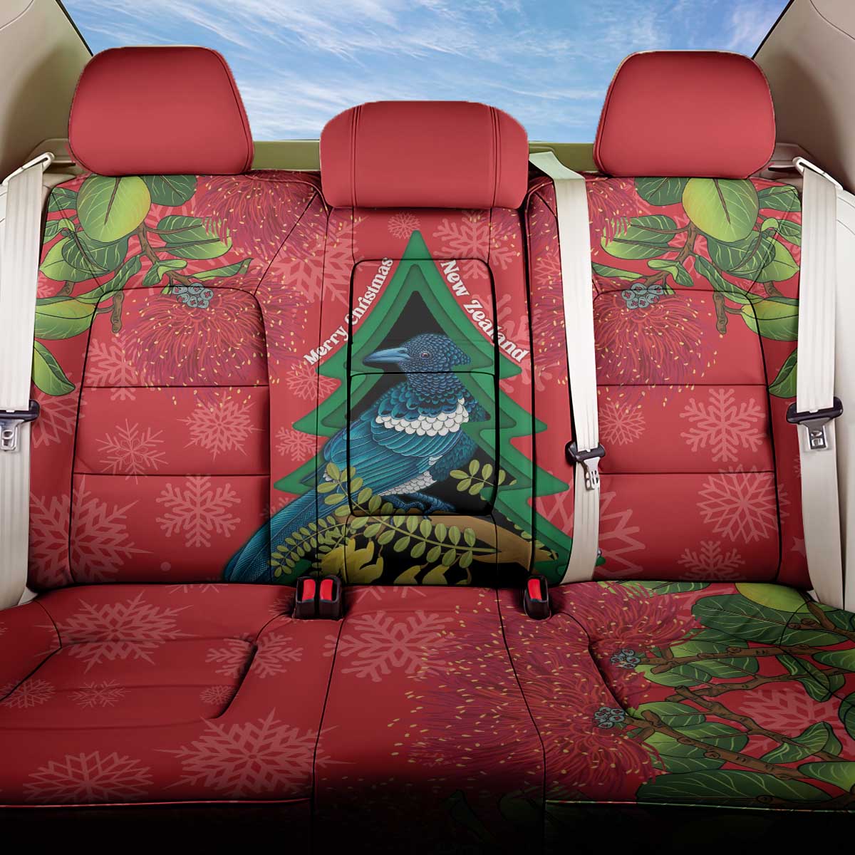 New Zealand Christmas In July Back Car Seat Cover Kowhai Tui Bird With Pohutukawa - Red