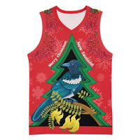 New Zealand Christmas In July Basketball Jersey Kowhai Tui Bird With Pohutukawa - Red - Polynesian Pride
