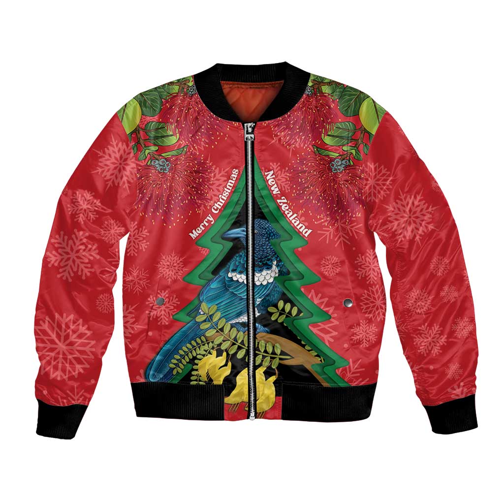 New Zealand Christmas In July Bomber Jacket Kowhai Tui Bird With Pohutukawa - Red