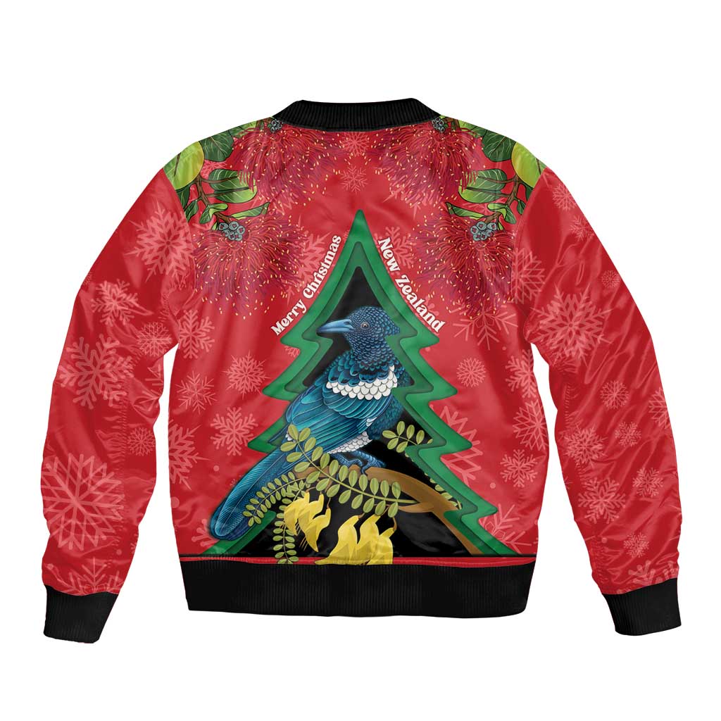 New Zealand Christmas In July Bomber Jacket Kowhai Tui Bird With Pohutukawa - Red