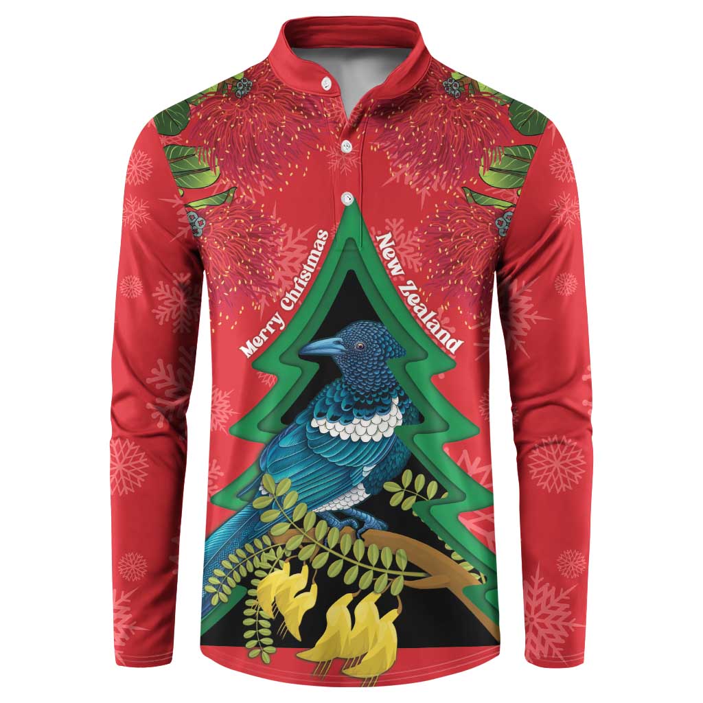 New Zealand Christmas In July Button Sweatshirt Kowhai Tui Bird With Pohutukawa - Red LT14 Red - Polynesian Pride