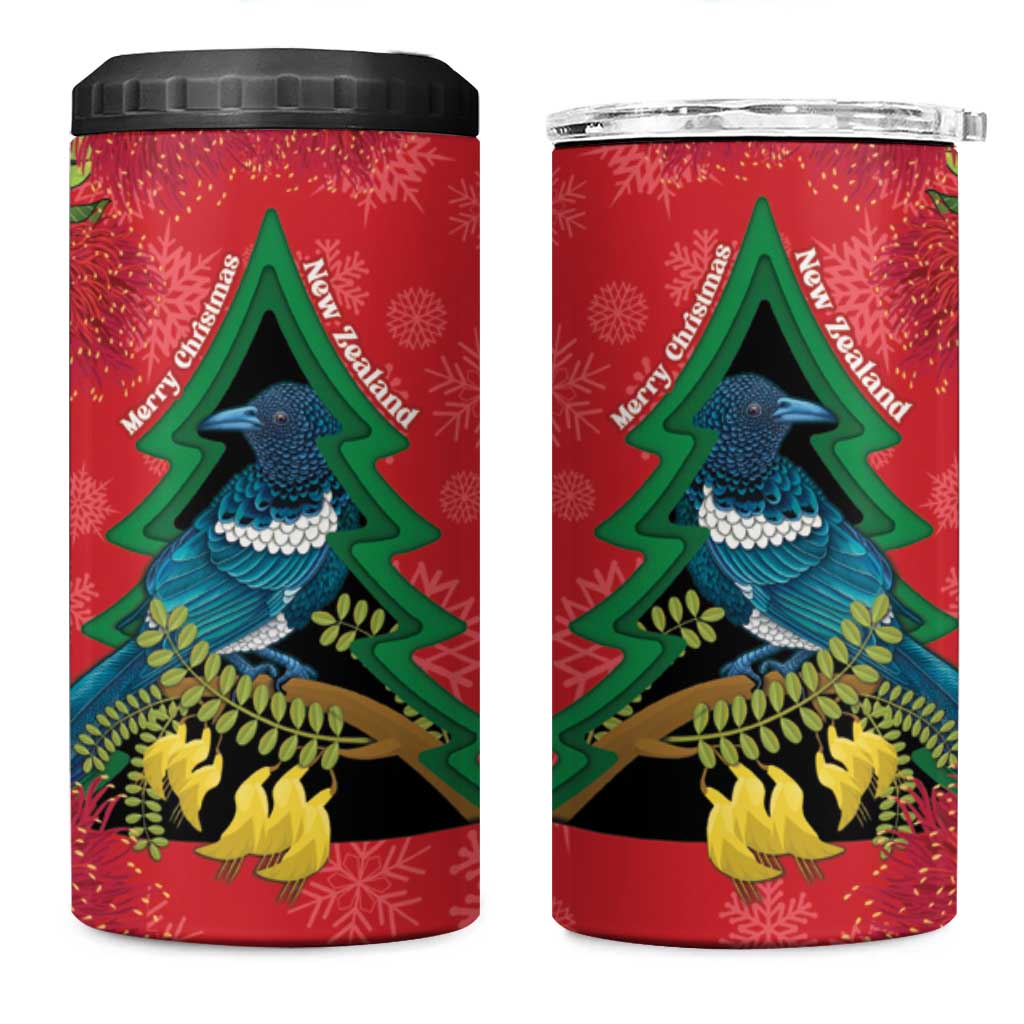 New Zealand Christmas In July 4 in 1 Can Cooler Tumbler Kowhai Tui Bird With Pohutukawa - Red LT14 One Size: 16 oz Red - Polynesian Pride