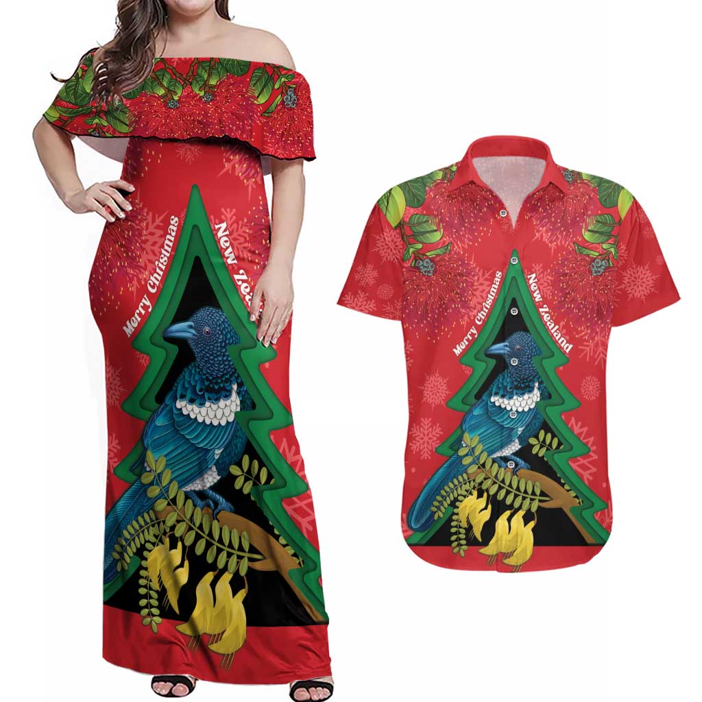 New Zealand Christmas In July Couples Matching Off Shoulder Maxi Dress and Hawaiian Shirt Kowhai Tui Bird With Pohutukawa - Red