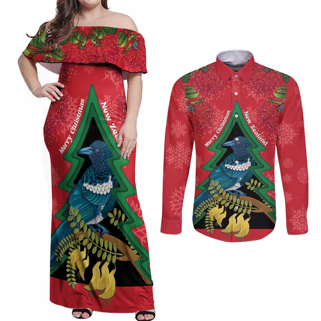 New Zealand Christmas In July Couples Matching Off Shoulder Maxi Dress and Long Sleeve Button Shirt Kowhai Tui Bird With Pohutukawa - Red LT14 Red - Polynesian Pride