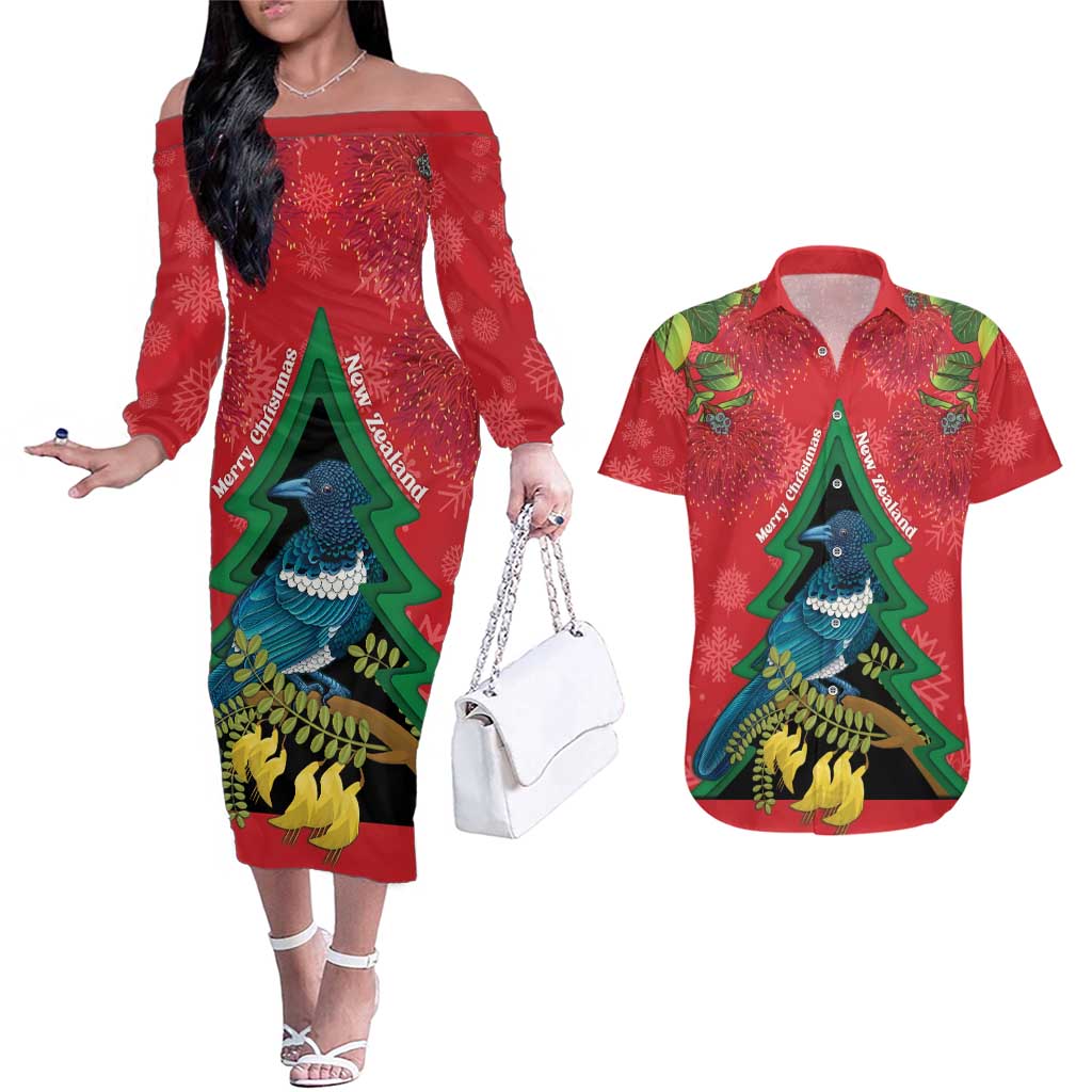 New Zealand Christmas In July Couples Matching Off The Shoulder Long Sleeve Dress and Hawaiian Shirt Kowhai Tui Bird With Pohutukawa - Red LT14 Red - Polynesian Pride