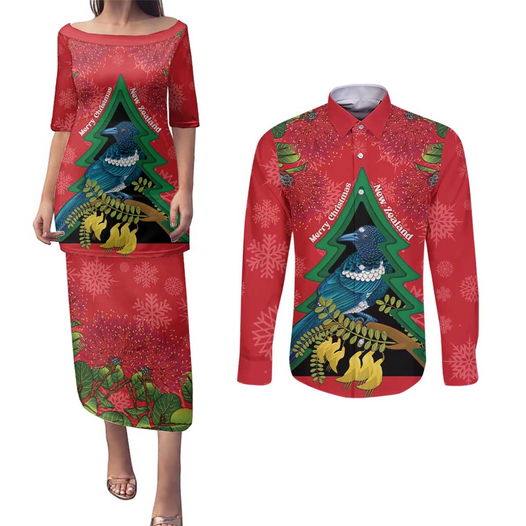 New Zealand Christmas In July Couples Matching Puletasi and Long Sleeve Button Shirt Kowhai Tui Bird With Pohutukawa - Red