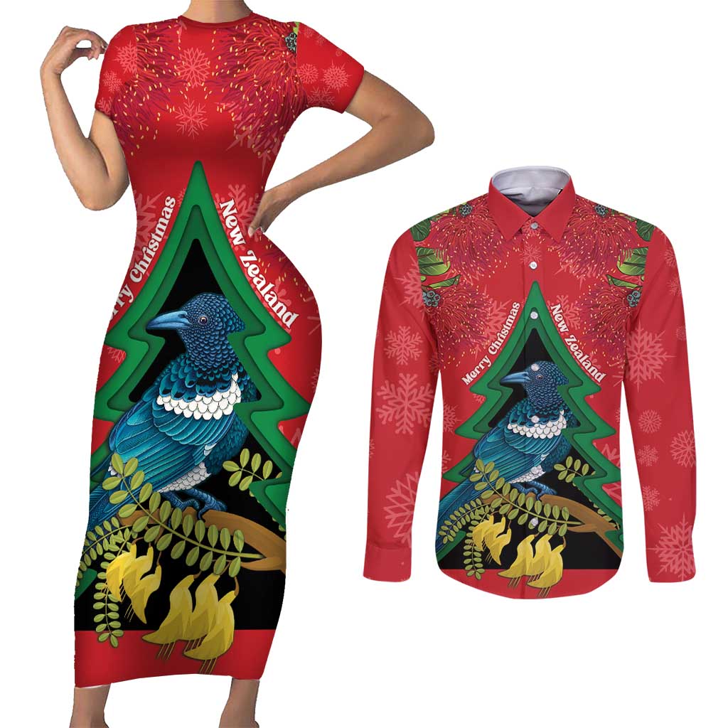 New Zealand Christmas In July Couples Matching Short Sleeve Bodycon Dress and Long Sleeve Button Shirt Kowhai Tui Bird With Pohutukawa - Red LT14 Red - Polynesian Pride