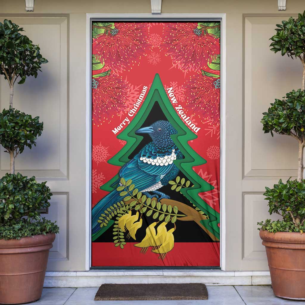 New Zealand Christmas In July Door Cover Kowhai Tui Bird With Pohutukawa - Red - Polynesian Pride