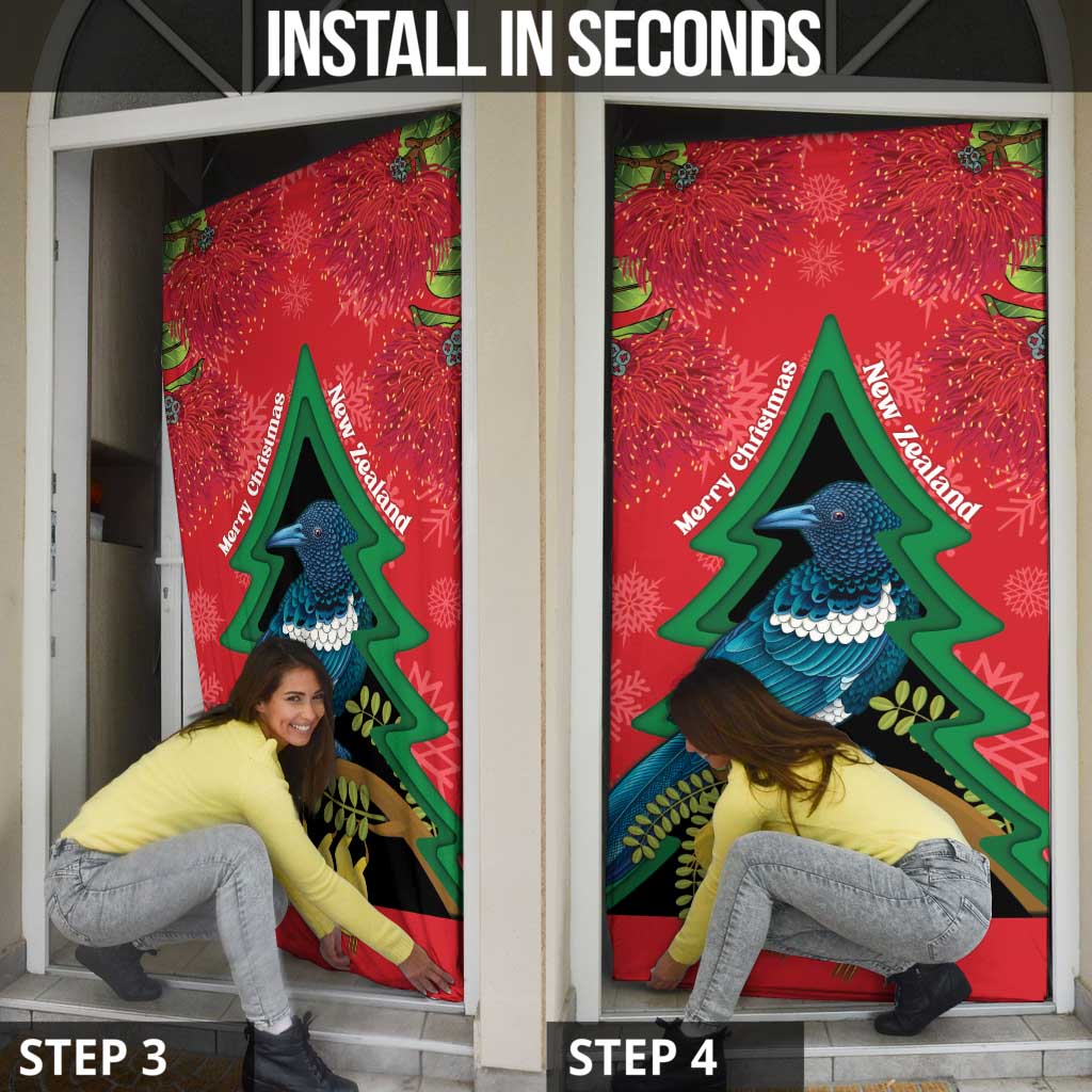 New Zealand Christmas In July Door Cover Kowhai Tui Bird With Pohutukawa - Red - Polynesian Pride