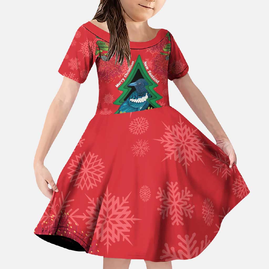 New Zealand Christmas In July Family Matching Long Sleeve Bodycon Dress and Hawaiian Shirt Kowhai Tui Bird With Pohutukawa - Red