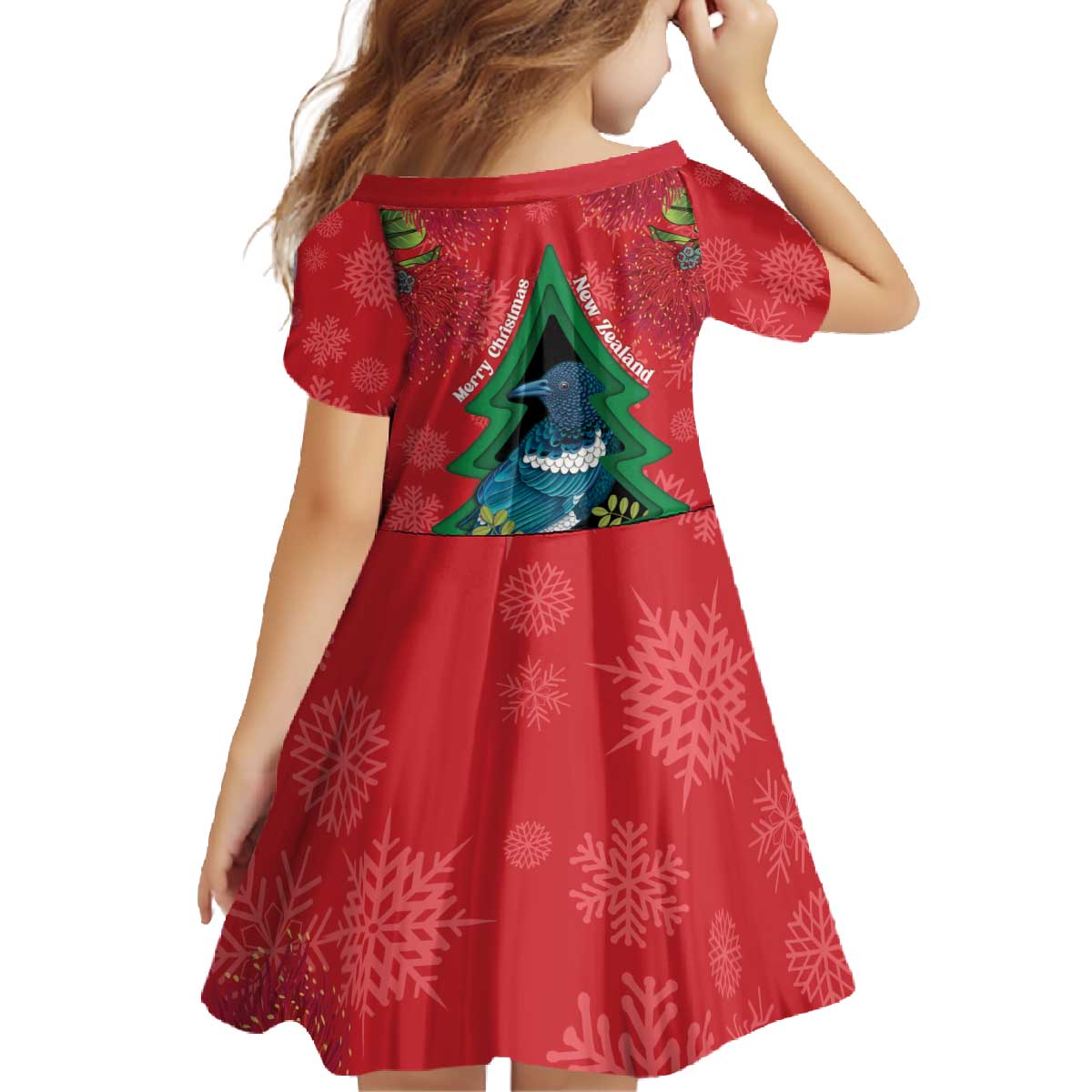 New Zealand Christmas In July Family Matching Off The Shoulder Long Sleeve Dress and Hawaiian Shirt Kowhai Tui Bird With Pohutukawa - Red