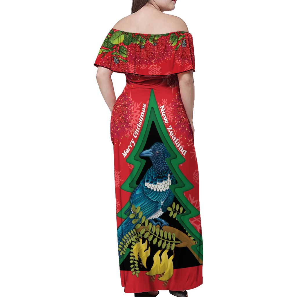 New Zealand Christmas In July Family Matching Off Shoulder Maxi Dress and Hawaiian Shirt Kowhai Tui Bird With Pohutukawa - Red
