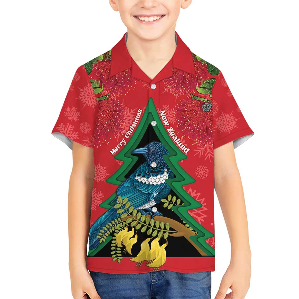 New Zealand Christmas In July Family Matching Off Shoulder Maxi Dress and Hawaiian Shirt Kowhai Tui Bird With Pohutukawa - Red