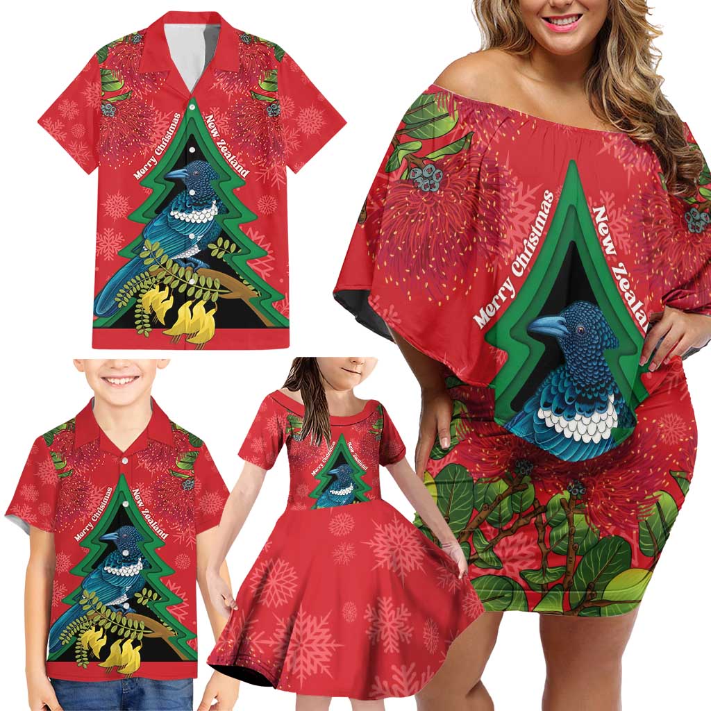 New Zealand Christmas In July Family Matching Off Shoulder Short Dress and Hawaiian Shirt Kowhai Tui Bird With Pohutukawa - Red