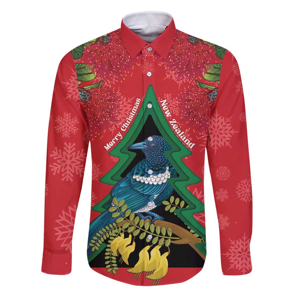 New Zealand Christmas In July Family Matching Summer Maxi Dress and Hawaiian Shirt Kowhai Tui Bird With Pohutukawa - Red