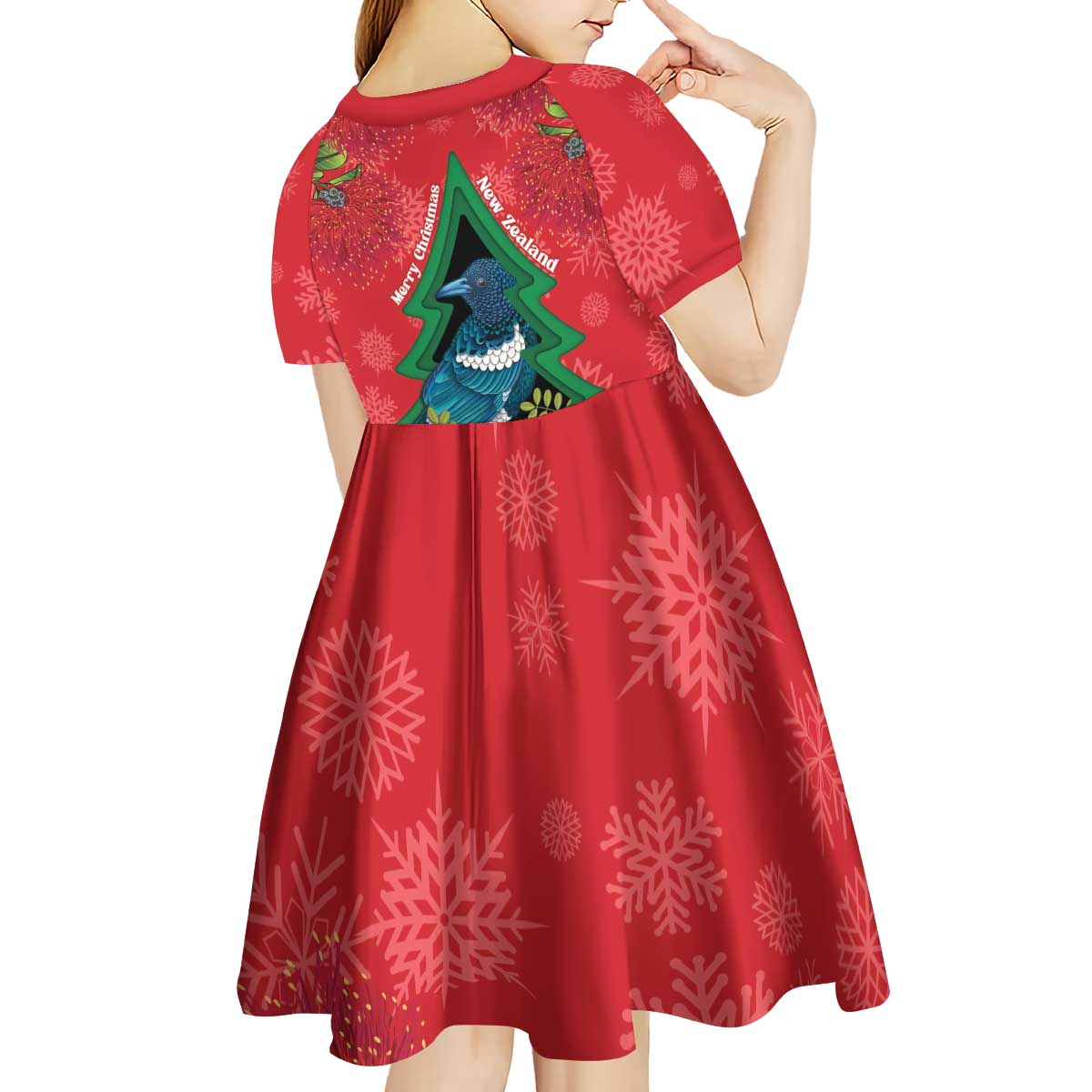 New Zealand Christmas In July Kid Short Sleeve Dress Kowhai Tui Bird With Pohutukawa - Red