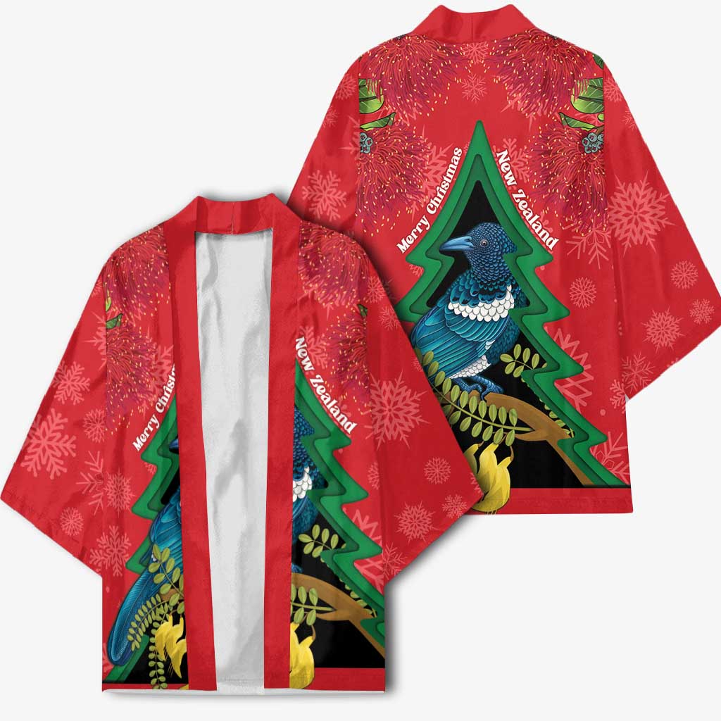 New Zealand Christmas In July Kimono Kowhai Tui Bird With Pohutukawa - Red - Polynesian Pride