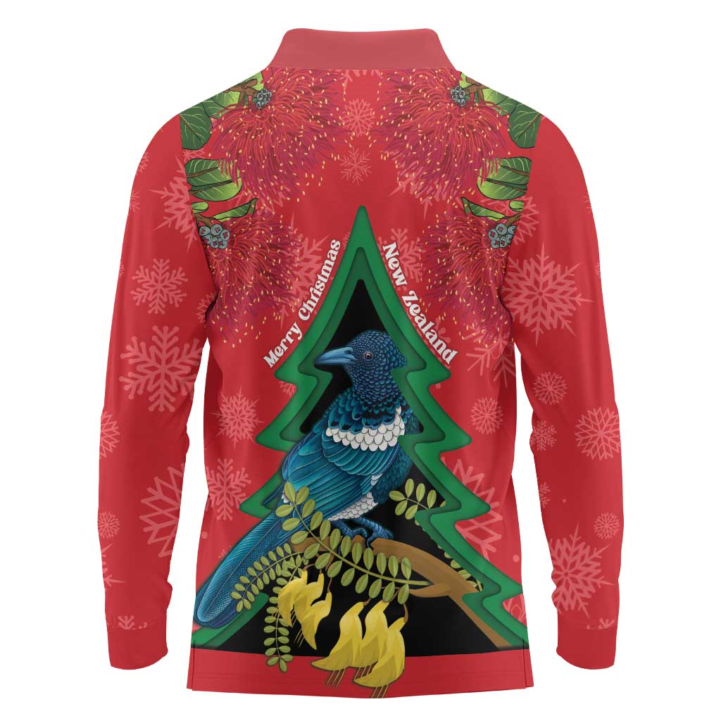 New Zealand Christmas In July Long Sleeve Polo Shirt Kowhai Tui Bird With Pohutukawa - Red