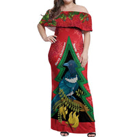 New Zealand Christmas In July Off Shoulder Maxi Dress Kowhai Tui Bird With Pohutukawa - Red