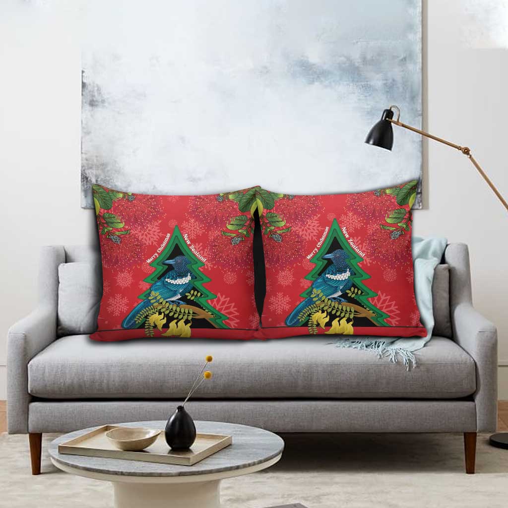 New Zealand Christmas In July Pillow Cover Kowhai Tui Bird With Pohutukawa - Red - Polynesian Pride