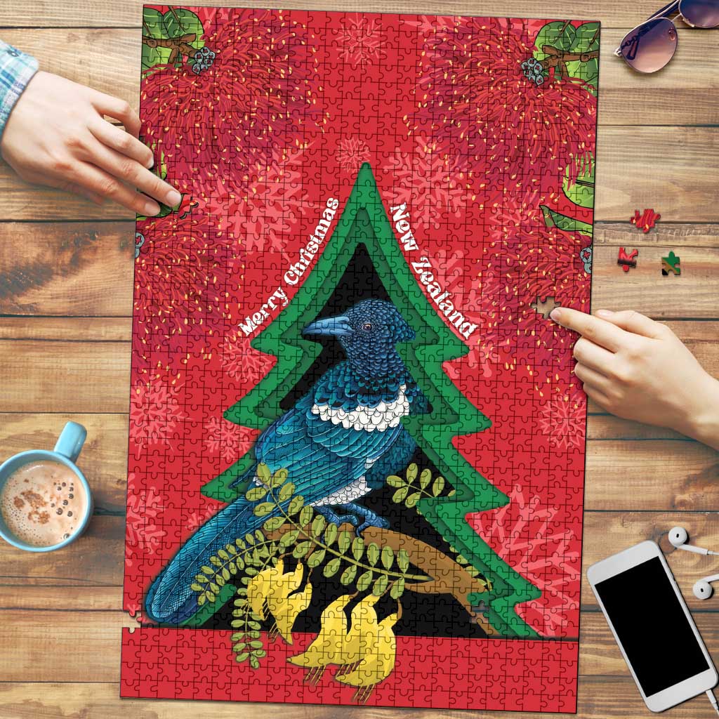 New Zealand Christmas In July Puzzle Kowhai Tui Bird With Pohutukawa - Red - Polynesian Pride