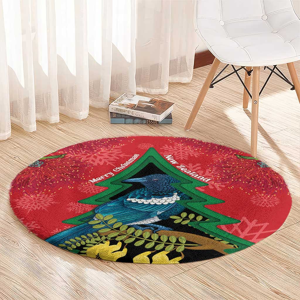 New Zealand Christmas In July Round Carpet Kowhai Tui Bird With Pohutukawa - Red