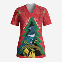 New Zealand Christmas In July Scrub Top Kowhai Tui Bird With Pohutukawa - Red - Polynesian Pride
