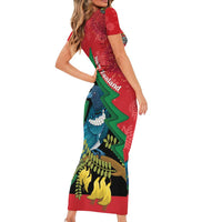 New Zealand Christmas In July Short Sleeve Bodycon Dress Kowhai Tui Bird With Pohutukawa - Red