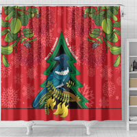 New Zealand Christmas In July Shower Curtain Kowhai Tui Bird With Pohutukawa - Red