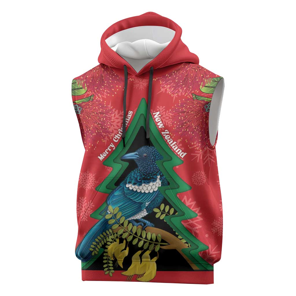 New Zealand Christmas In July Sleeveless Hoodie Kowhai Tui Bird With Pohutukawa - Red - Polynesian Pride