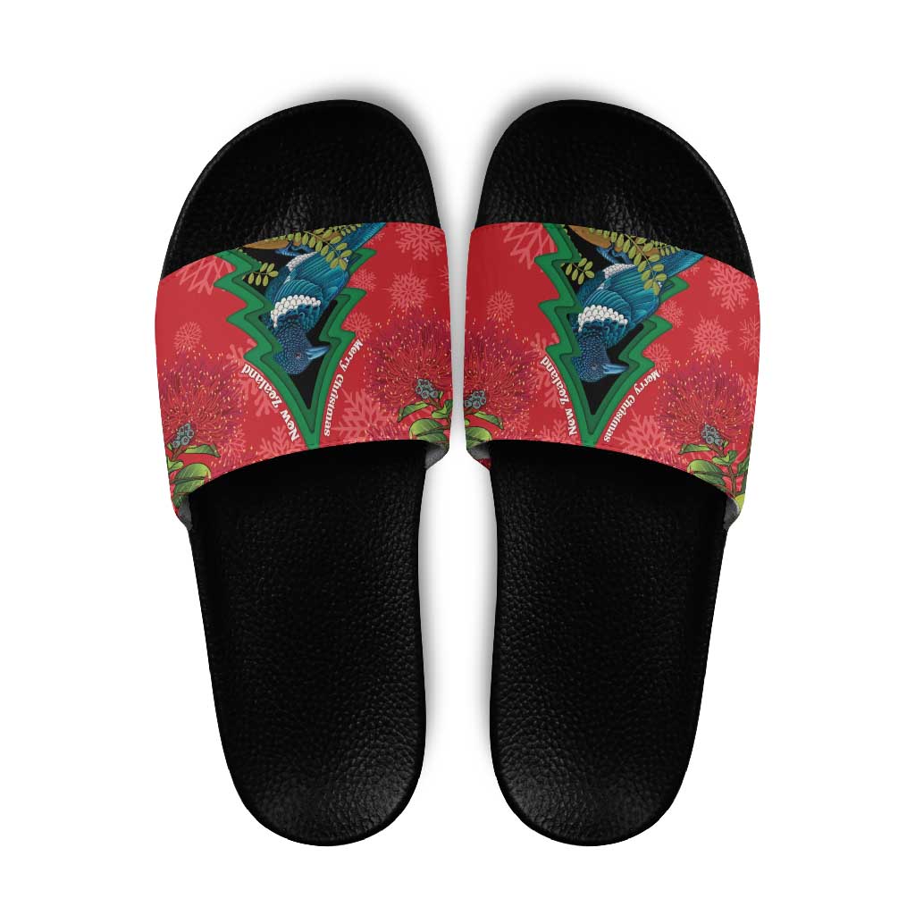 New Zealand Christmas In July Slide Sandals Kowhai Tui Bird With Pohutukawa - Red - Polynesian Pride