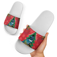 New Zealand Christmas In July Slide Sandals Kowhai Tui Bird With Pohutukawa - Red - Polynesian Pride