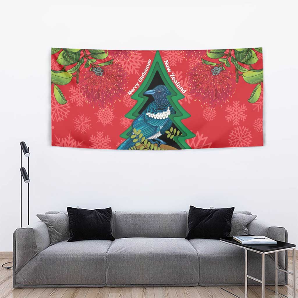 New Zealand Christmas In July Tapestry Kowhai Tui Bird With Pohutukawa - Red