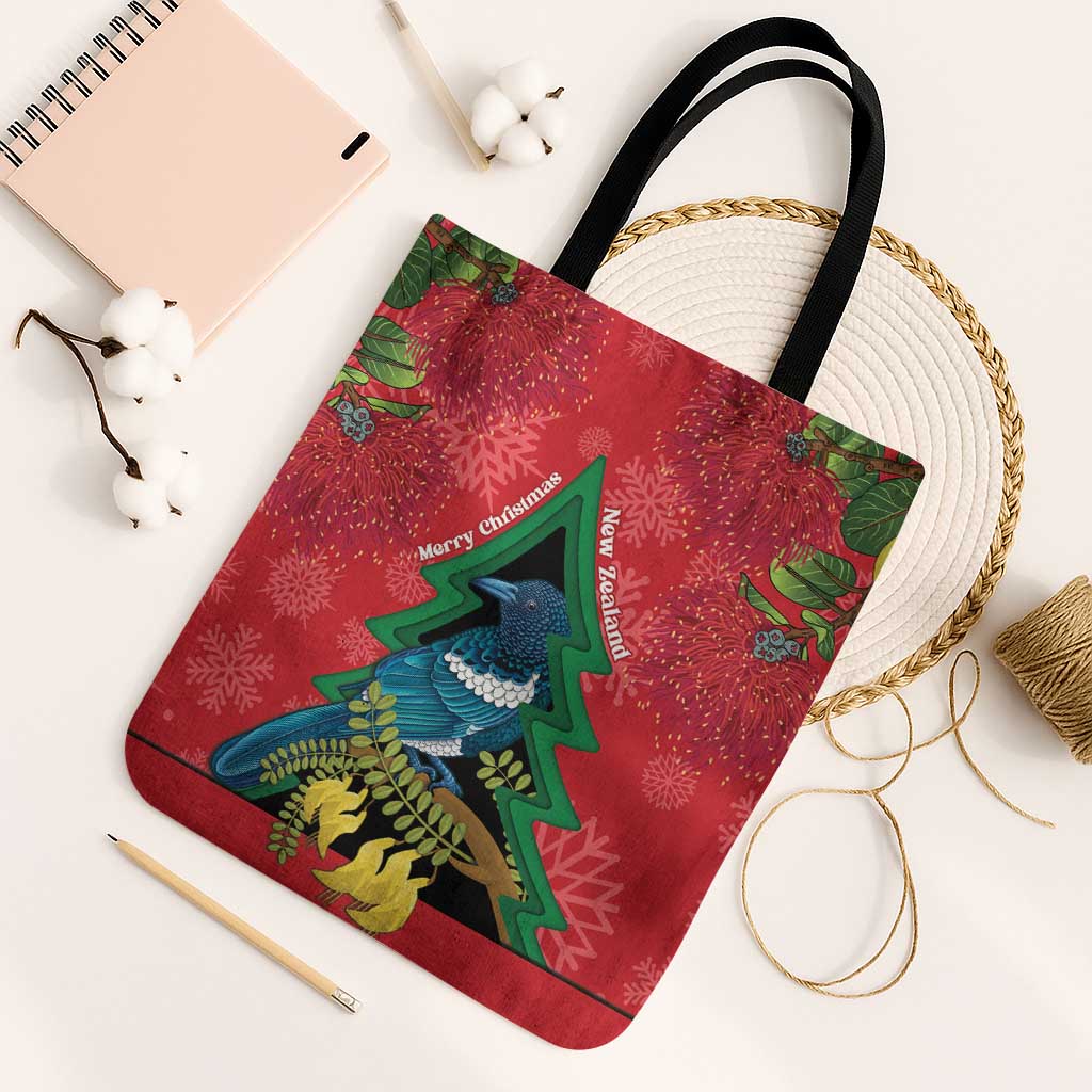 New Zealand Christmas In July Tote Bag Kowhai Tui Bird With Pohutukawa - Red - Polynesian Pride