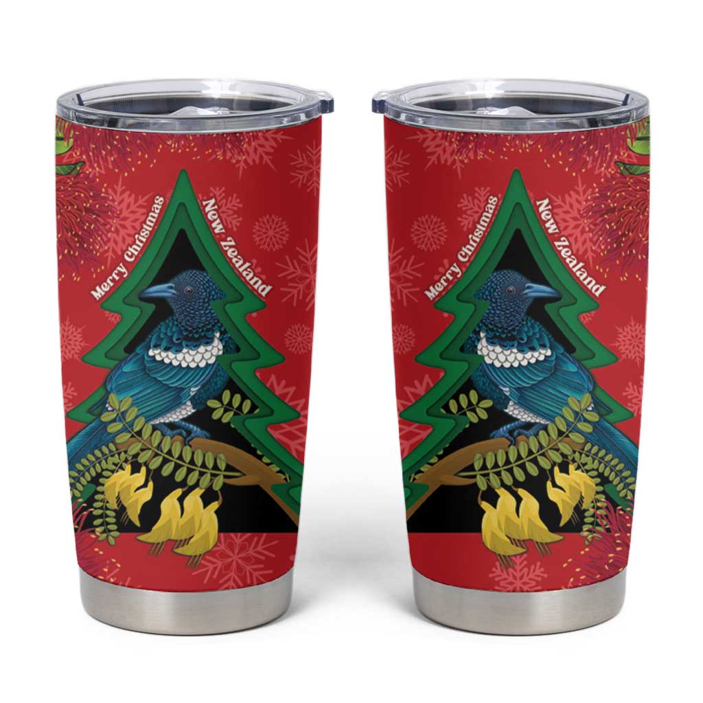 New Zealand Christmas In July Tumbler Cup Kowhai Tui Bird With Pohutukawa - Red
