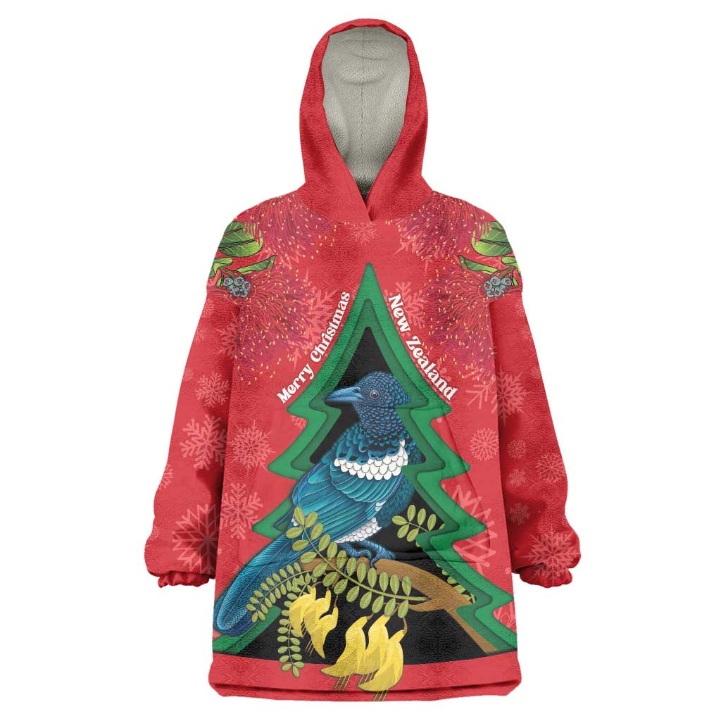 New Zealand Christmas In July Wearable Blanket Hoodie Kowhai Tui Bird With Pohutukawa - Red LT14 One Size Red - Polynesian Pride