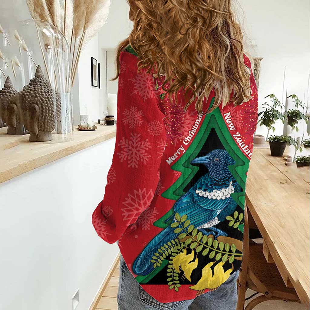 New Zealand Christmas In July Women Casual Shirt Kowhai Tui Bird With Pohutukawa - Red