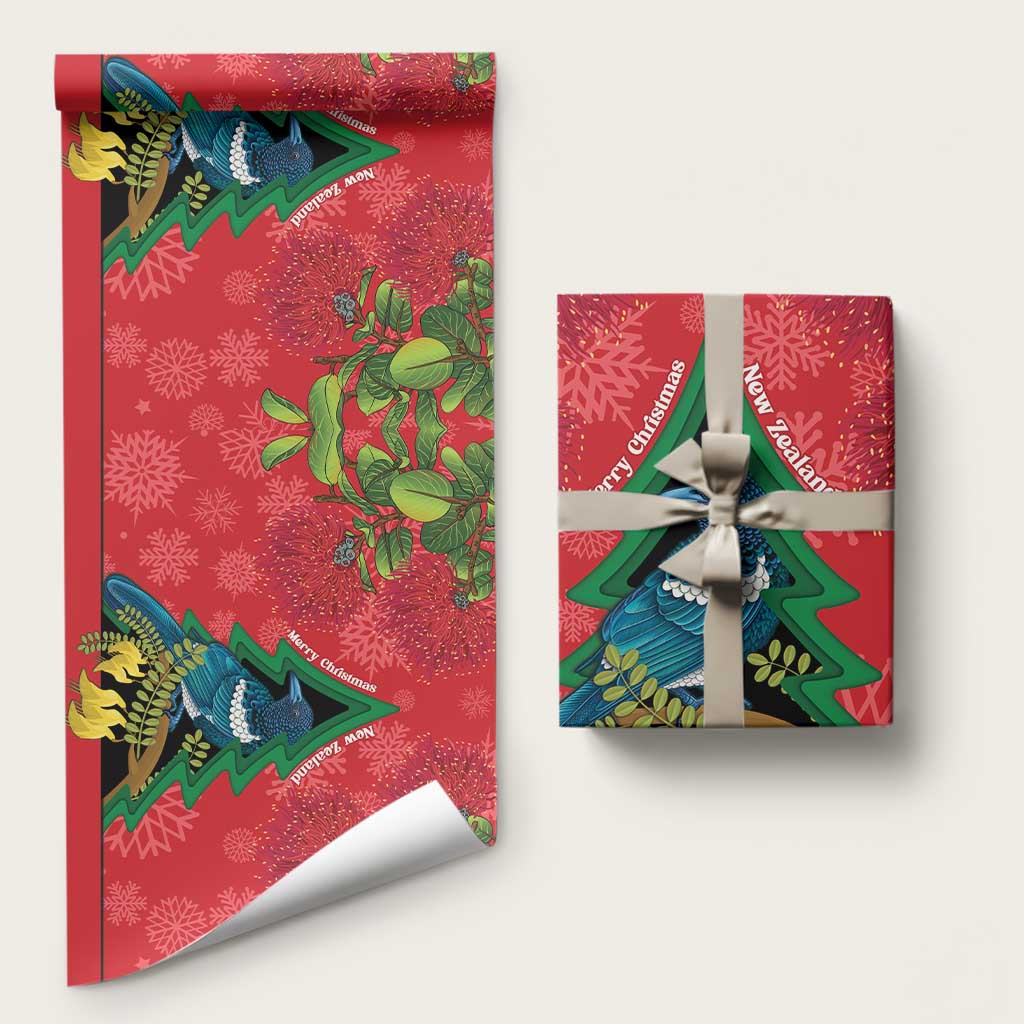 New Zealand Christmas In July Wrapping Paper Kowhai Tui Bird With Pohutukawa - Red - Polynesian Pride