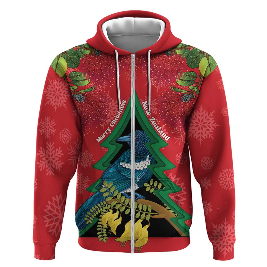 New Zealand Christmas In July Zip Hoodie Kowhai Tui Bird With Pohutukawa - Red