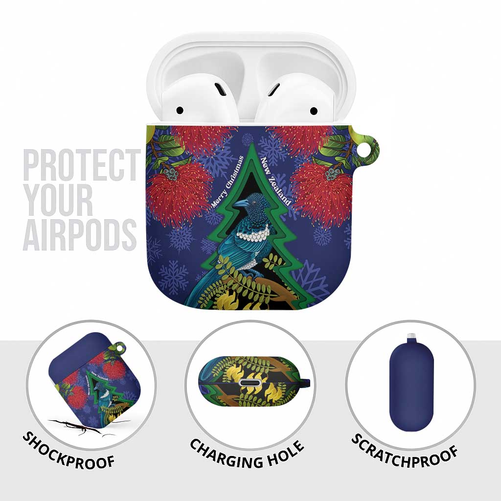 New Zealand Christmas In July AirPods Case Kowhai Tui Bird With Pohutukawa - Blue - Polynesian Pride