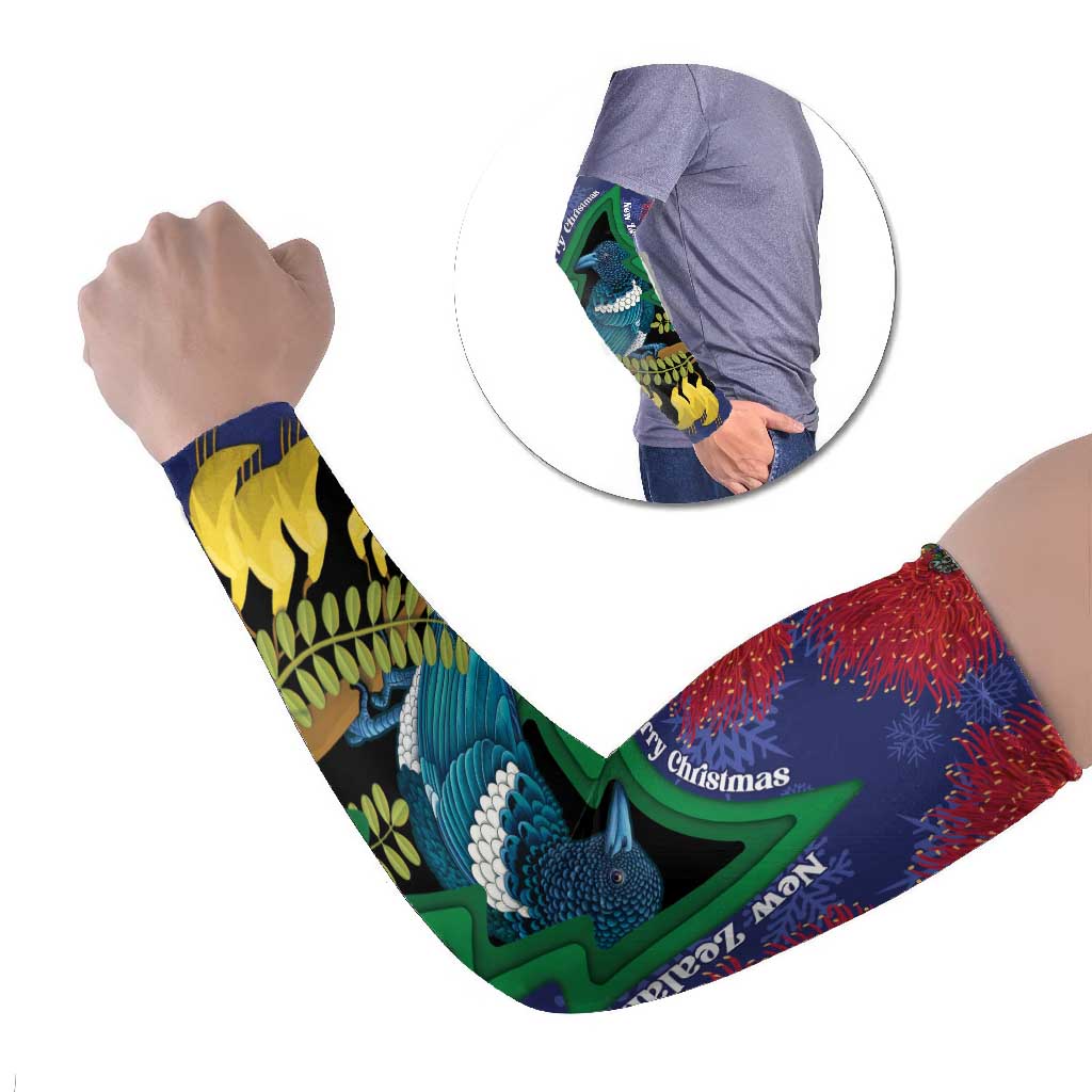 New Zealand Christmas In July Arm Sleeves Kowhai Tui Bird With Pohutukawa - Blue - Polynesian Pride