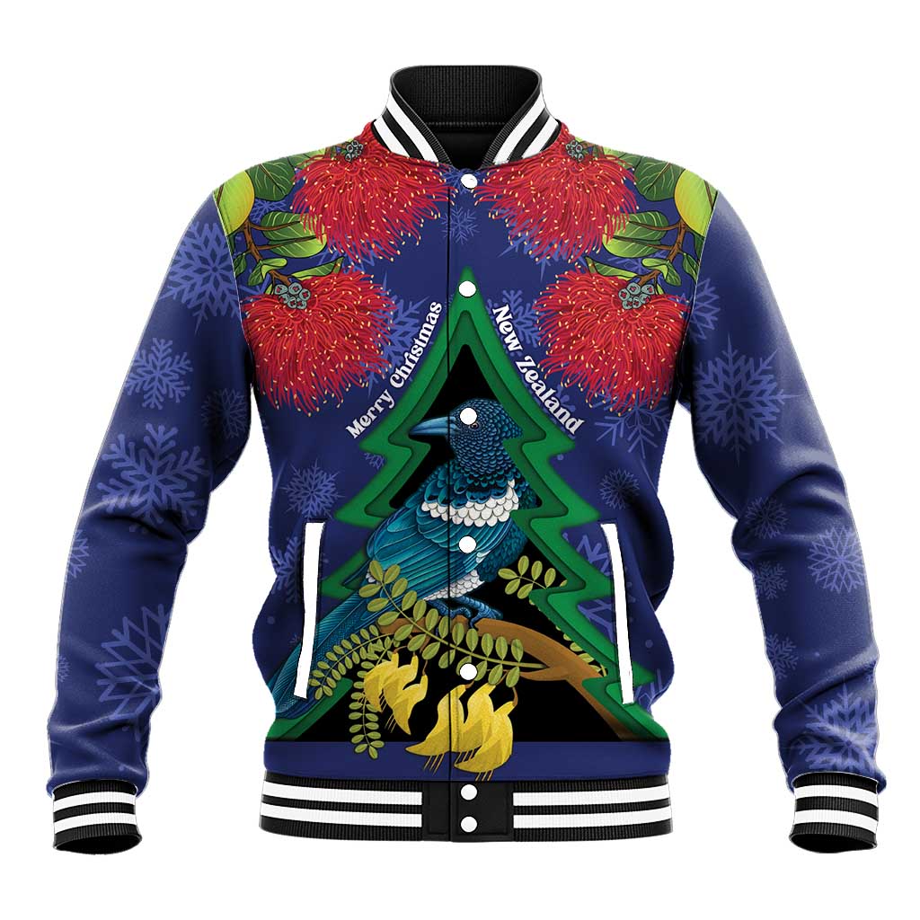 New Zealand Christmas In July Baseball Jacket Kowhai Tui Bird With Pohutukawa - Blue LT14 Unisex Blue - Polynesian Pride